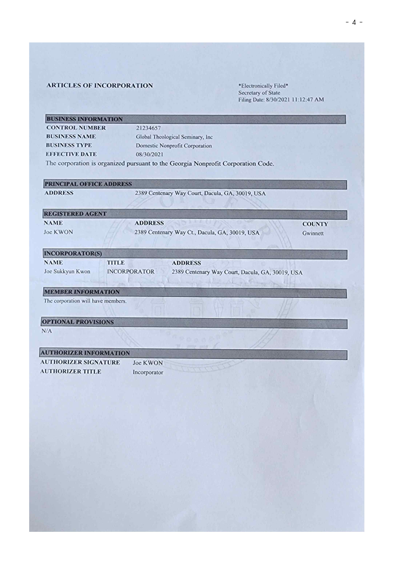 GTS Articles of Incorporation